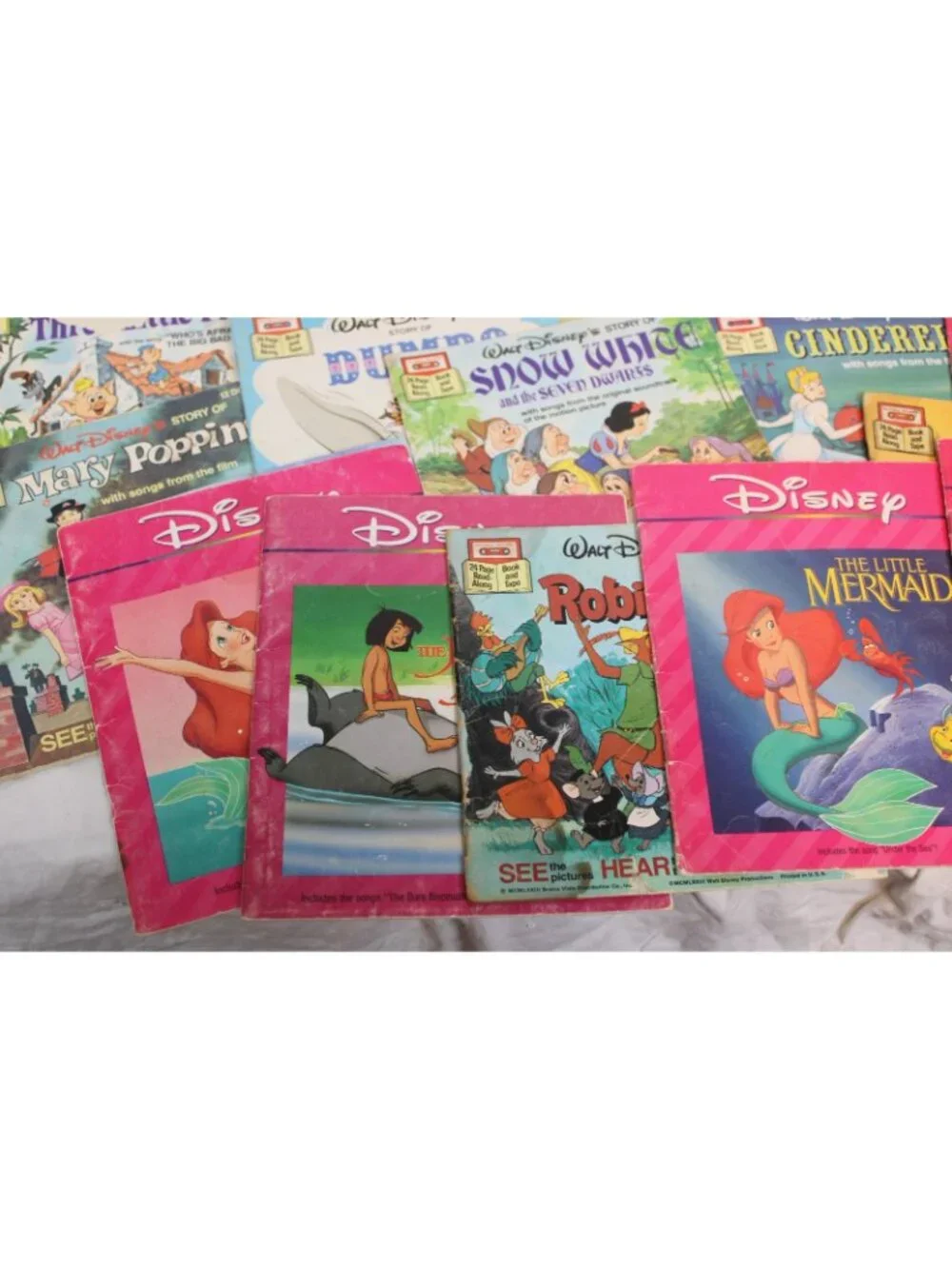 VTG Disney 20 Books 12 Cassettes Read-a-Long Tote 80s 90s Ariel Wizard Oz Little